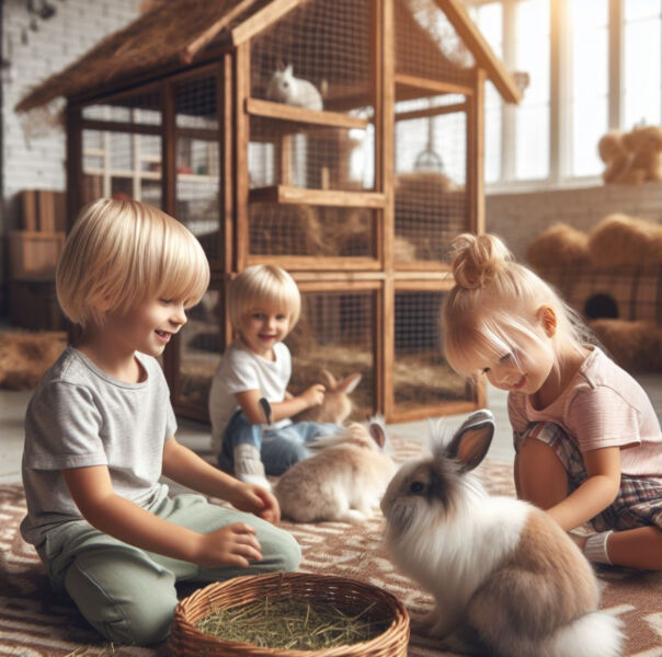 conejos con ninos y comida
