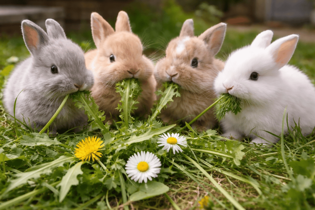 Conejos pequeños comiendo hierba fresca en campo verde, cuidado de animales y alimentación saludable.