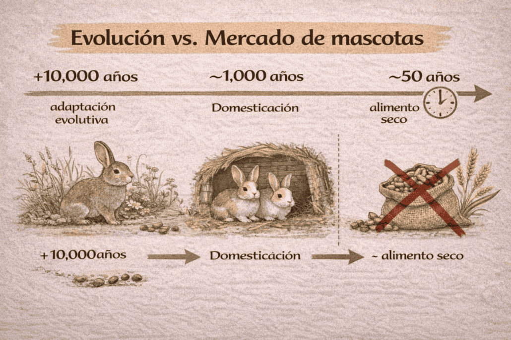 Conejitos y animales en evolución y mercado de mascotas, estilo ilustración vintage.