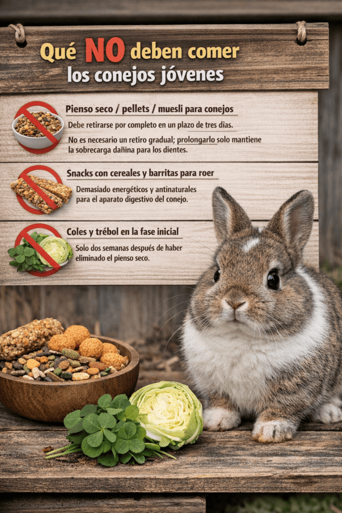 No debe comer pellets, snacks con cereales y trémol, ni coles en la fase inicial de recuperación del conejo.