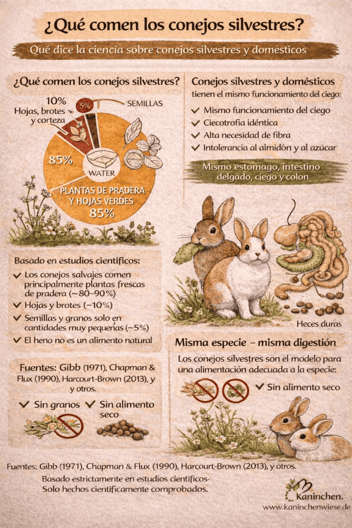 Alimentos naturales para conejos silvestres y domésticos, basada en estudios científicos y datos nutricionales.