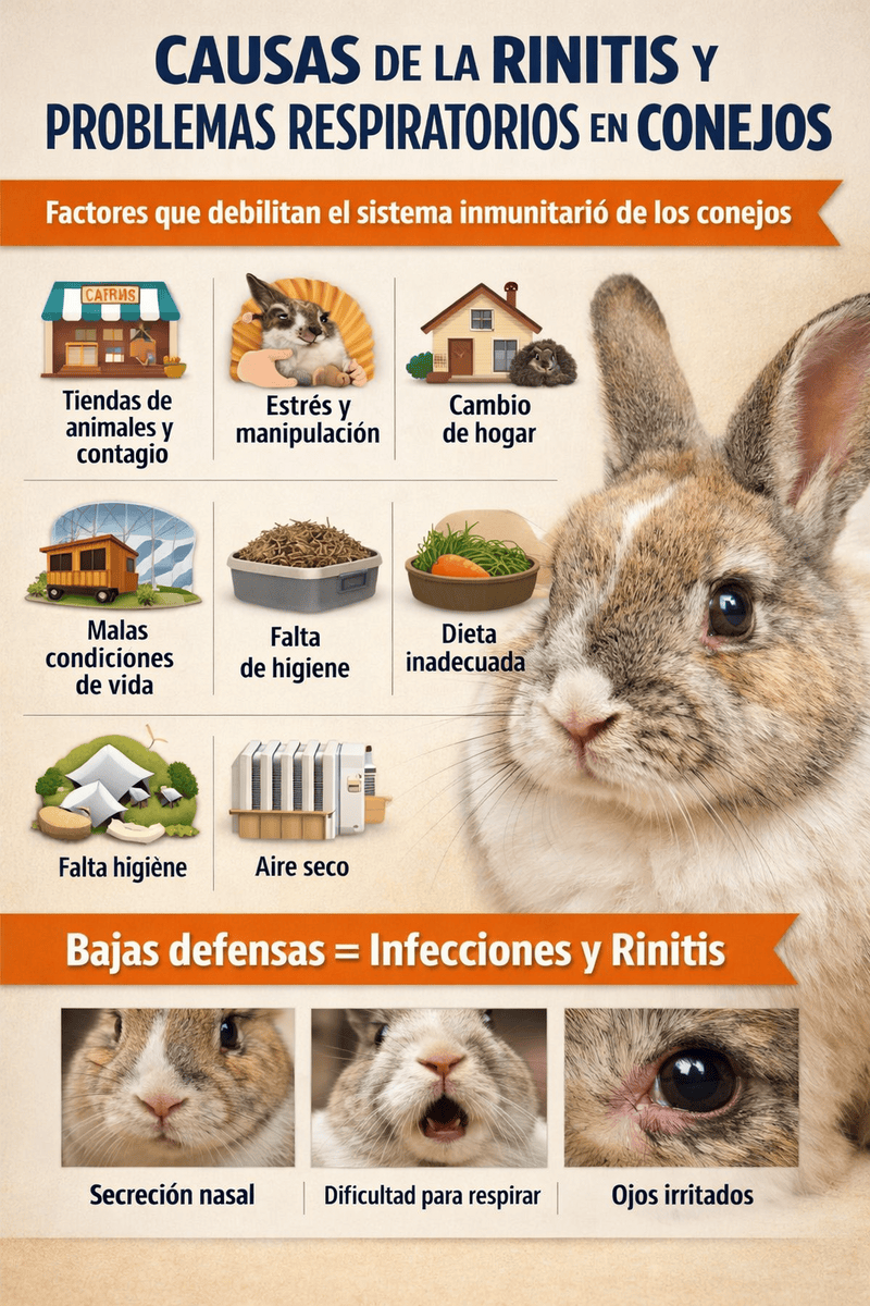 Problemas respiratorios en conejos, causas y prevención de rinitis en mascotas.