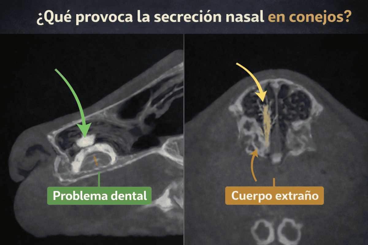 Secreción nasal en conejos, problema dental y cuerpo extraño en radiografía.