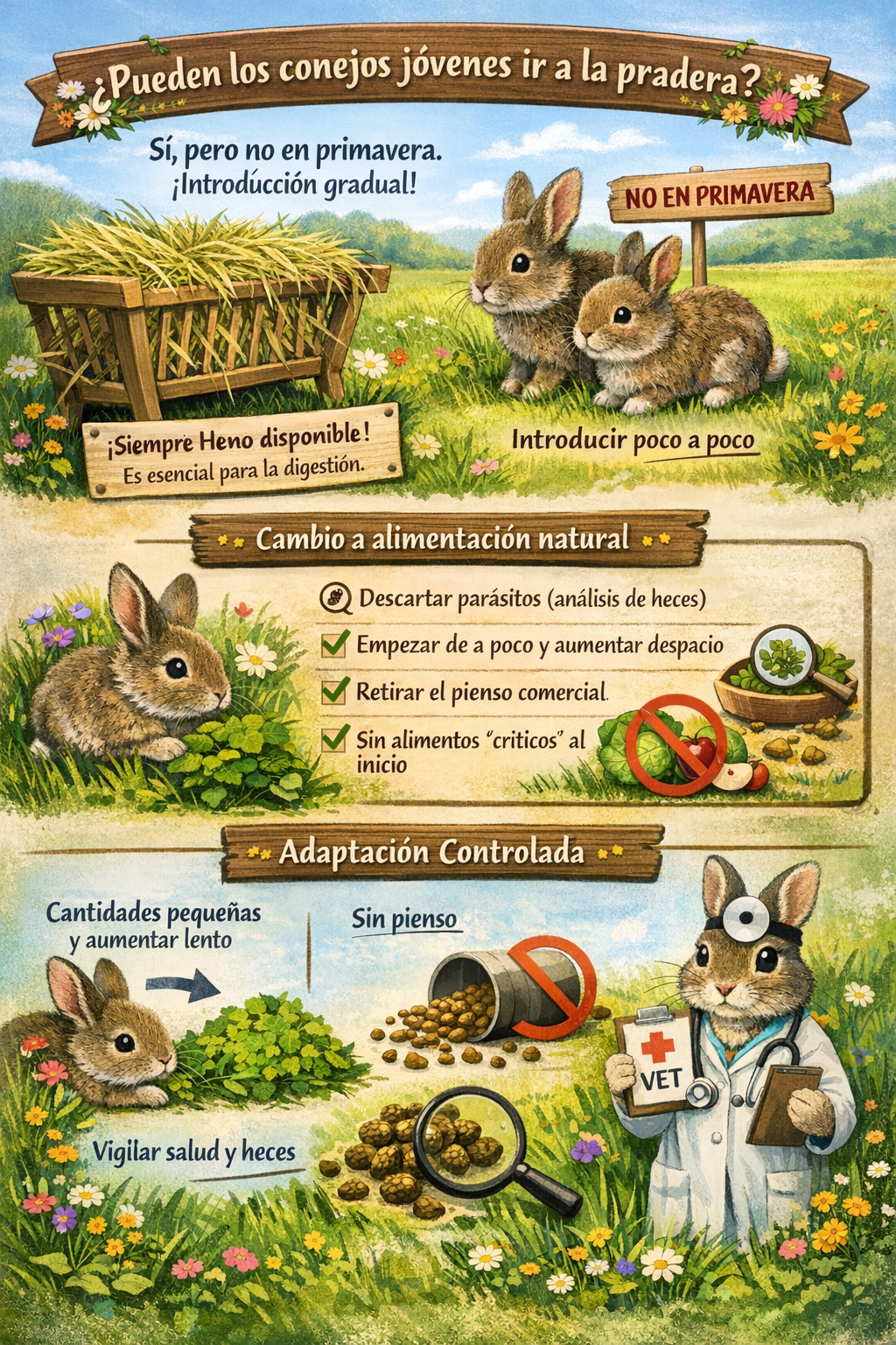 Tanque con conejos jóvenes en pradera, cuidado y alimentación natural para su salud.