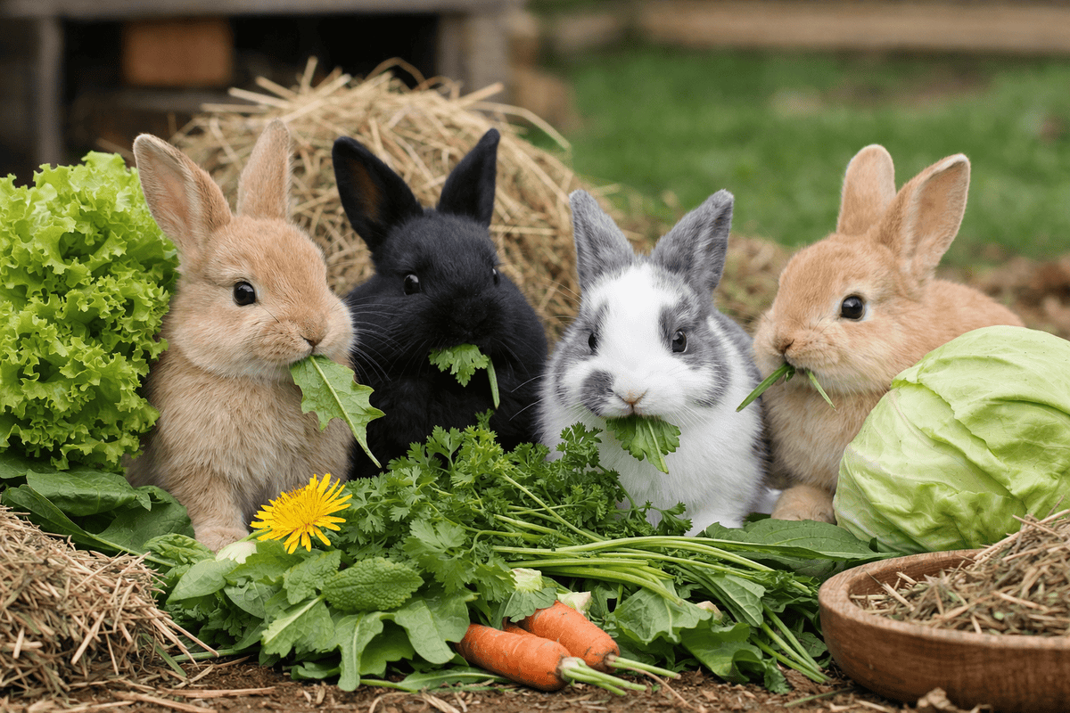 Conejos comiendo verduras frescas en un campo al aire libre.