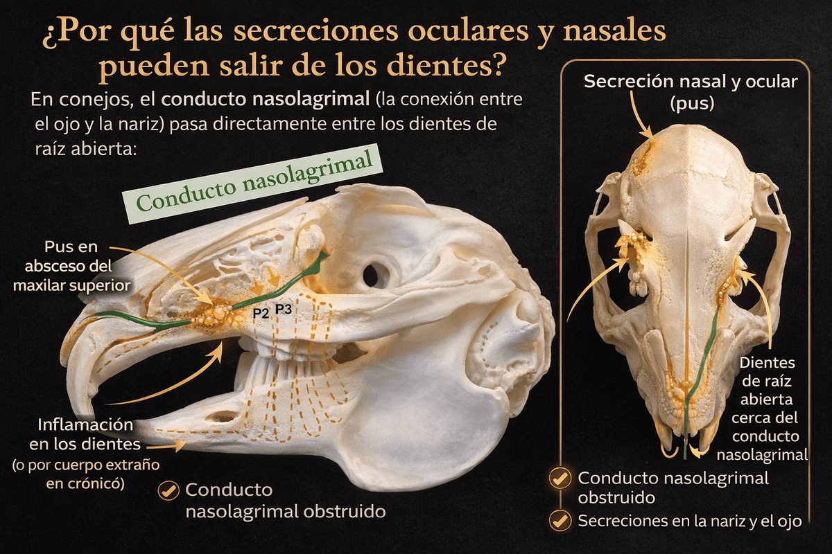 Conducto nasalgrimal obstruido, secreciones en nariz y ojo, inflamación en dientes.