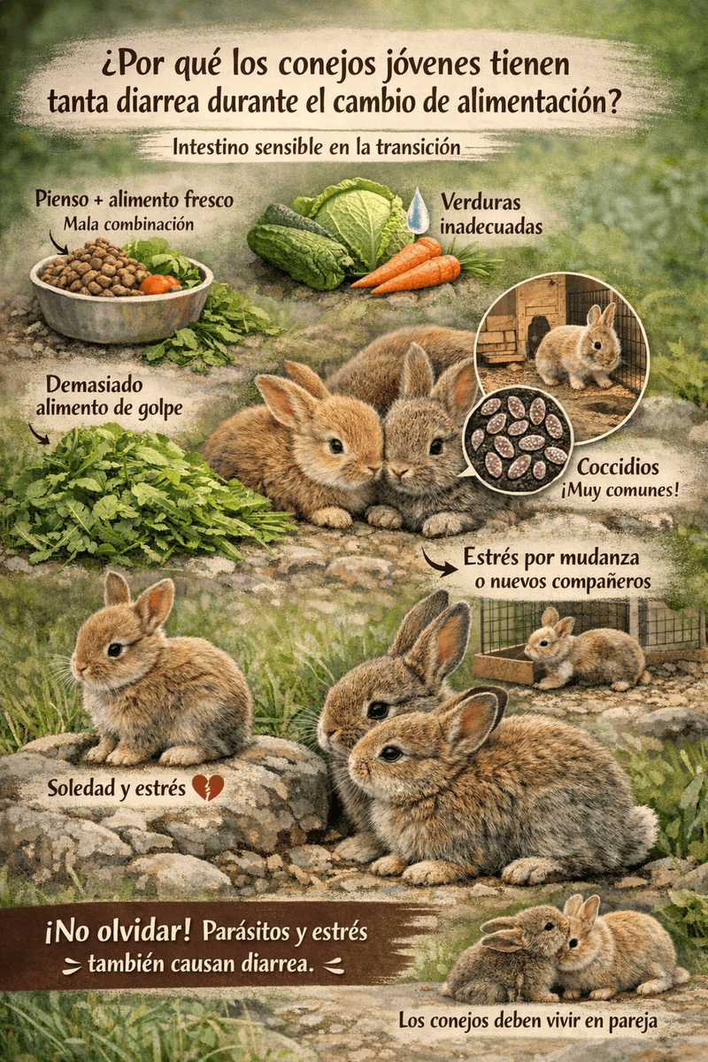 Conejos jóvenes con diarrea por cambios en la alimentación, estrés y parásitos en ConeSalud.
