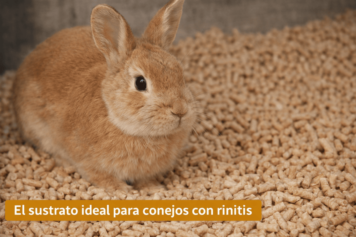 Conejo en piso de pienso con texto: El sustrato ideal para conejos con rinitis.
